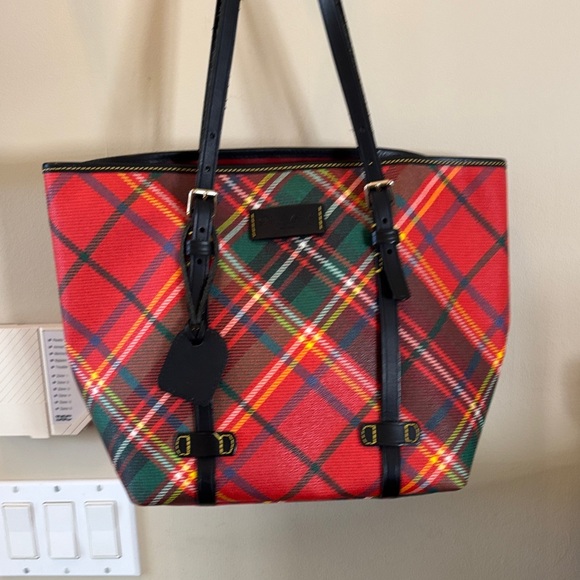 Dooney & Bourke Handbags - DOONEY & BURKE Tartan Plaid Tote Bag with Black Trim - Red Multi